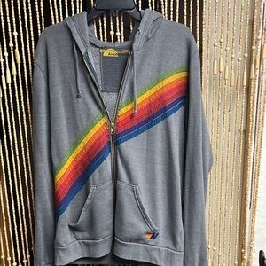 Aviator Nation Gray Hoodie with Rainbow Stripes